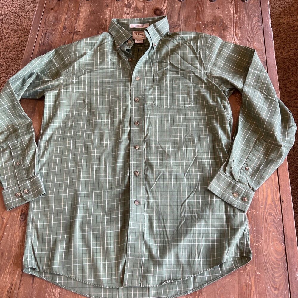L.L.Bean Men’s M Tall Green Check Long Sleeve Button Down Shirt Wrinkle Free